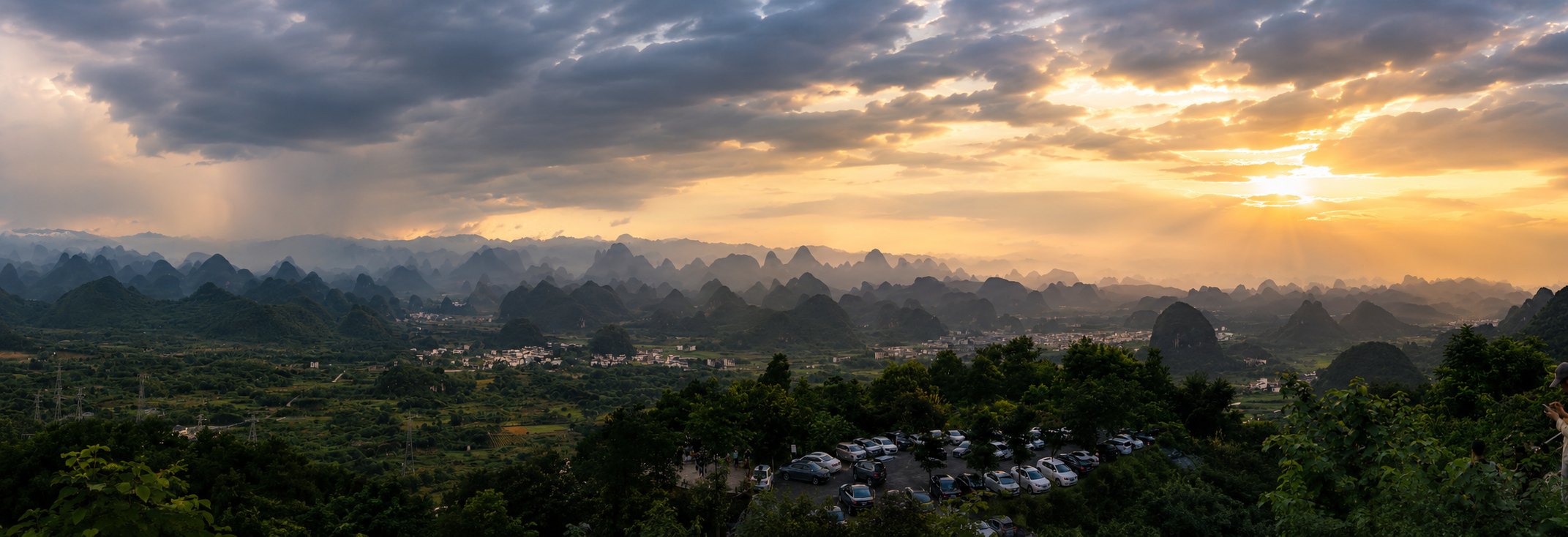 Panoramic sunset over the karst mountains of Guilin