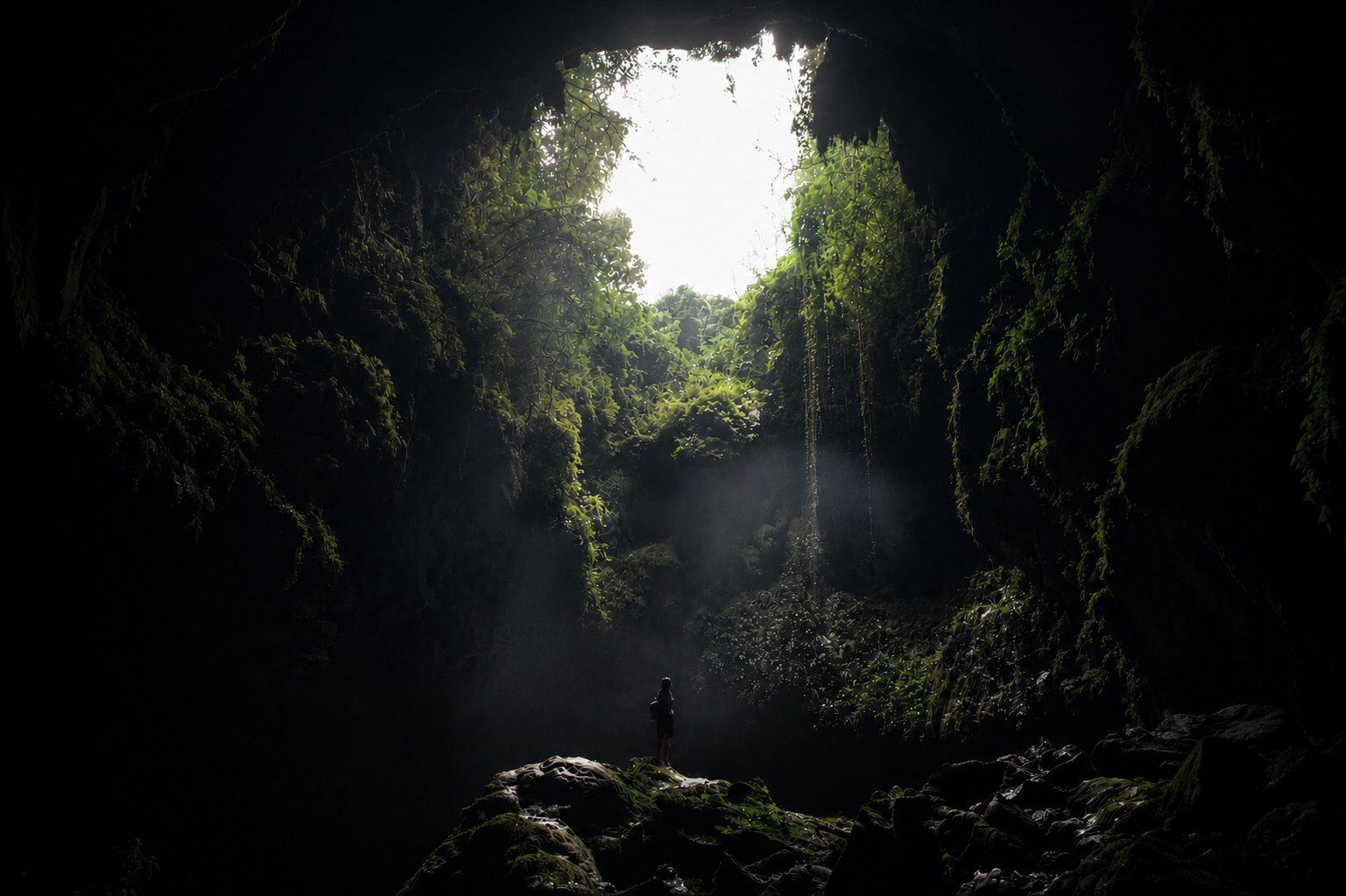 Light falling into a green sinkhole cave near Guilin