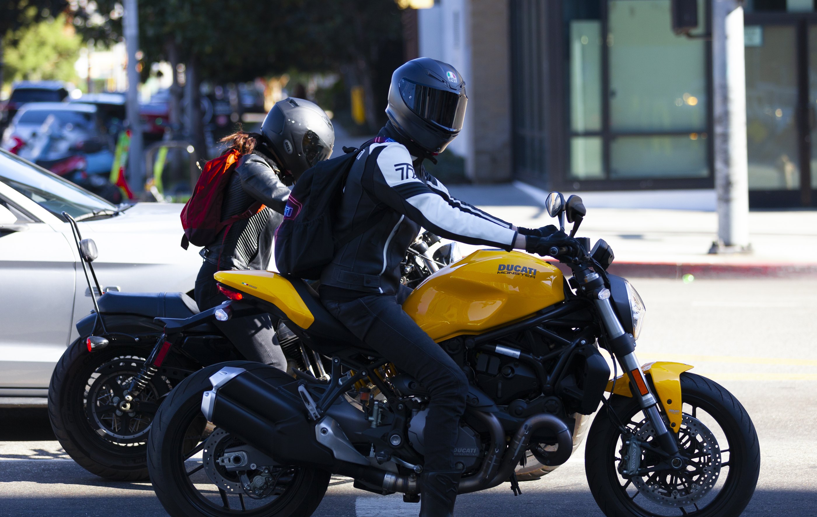 Motorcycles passing through a Los Angeles street