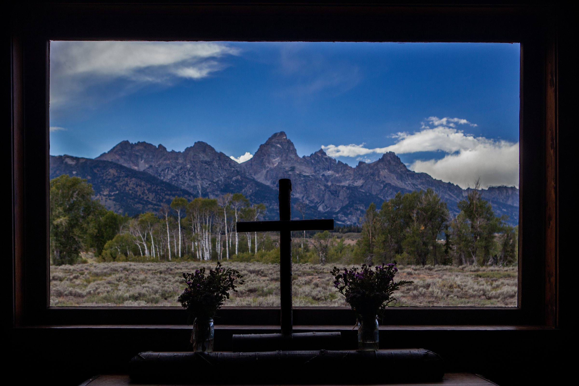 Grand Teton framed from a chapel